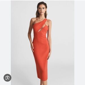 NEW! RARE 2025 Reiss One-Shoulder Cutout Midi Dress in Orange